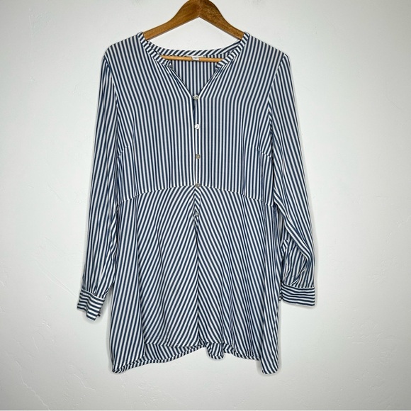 J Jill Blue White Striped Button Down Shirt Roll Tab Sleeves Size Medium Office - Picture 2 of 13